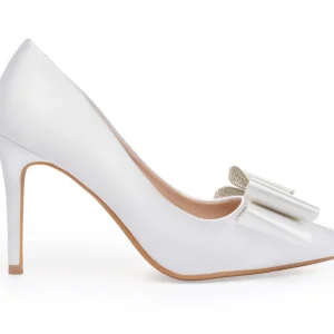 White Satin Bridal Heels with Bow – 3.5″ Pointed Toe Wedding Shoes | Lovin Bridal Model Diana