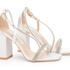 White Satin Bridal Block Heel Sandals Crystal Embellished Wedding Shoes | Lovin Bridal Model Bellona