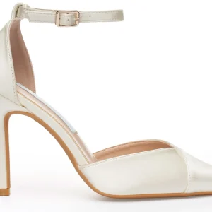 Ivory Satin Wedding Heels with Ankle Strap – 4″ Pointed Toe Wedding Stilettos | Lovin Bridal Model Hestia