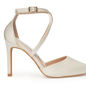 3.5″ Pointed Toe Wedding Shoes In Ivory Satin, Wedding Heels with Cross Ankle Straps – | Lovin Bridal Model Minerva