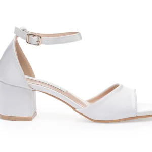 Comfortable Wedding Sandals For Bride, Satin Bridal Low Heels in White & Ivory | Lovin Bridal model Demeter