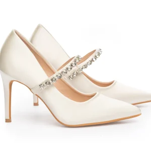 Ivory Bridal Pumps with Crystal Strap – 3.5″ Pointed Toe Wedding Heels | Lovin Bridal Model Iris