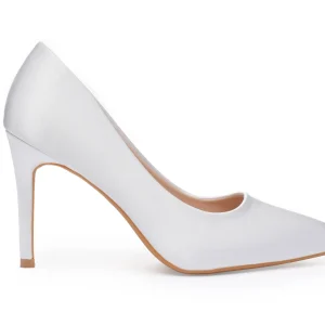 White Satin Wedding Stilettos – Pointed Toe Wedding Heels (9cm/3.5 inches) | Lovin Bridal model Persephone
