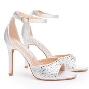 White Satin Wedding Sandals with Bling – 4″ Rhinestone & Crystal Bridal Heels | Lovin Bridal Model Vesta