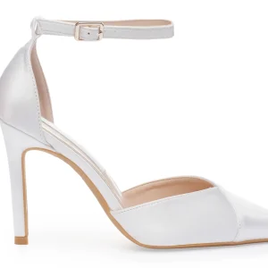 White Satin Stilettos for Bride – Pointed Toe Wedding Shoes with Ankle Strap (10cm/4 inches) | Lovin Bridal Model Hestia