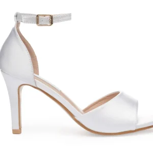 White Satin Bridal Sandals, Open-Toe Bridal Heels – Elegant Wedding Shoes with Ankle Strap (8cm/3 inches) | Lovin Bridal Model Venus